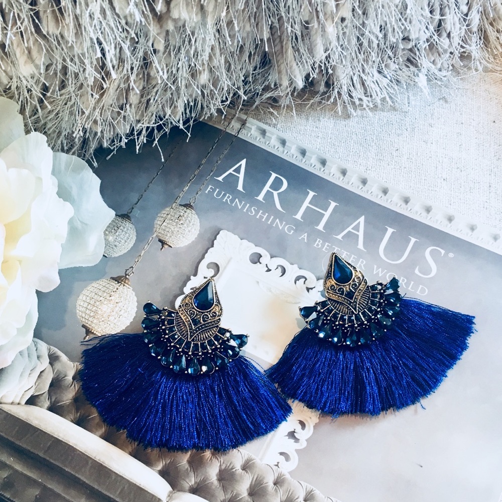 Rhinestone Tassel Statement Dangle Earrings